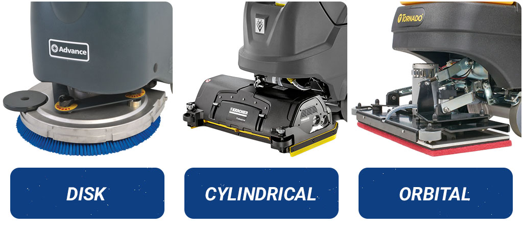 Disk, cylindrical, and orbital floor scrubber heads